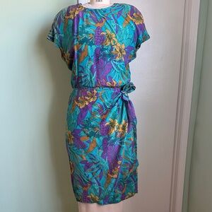Gillia Tropical Silk Teal and Purple Vintage Dress